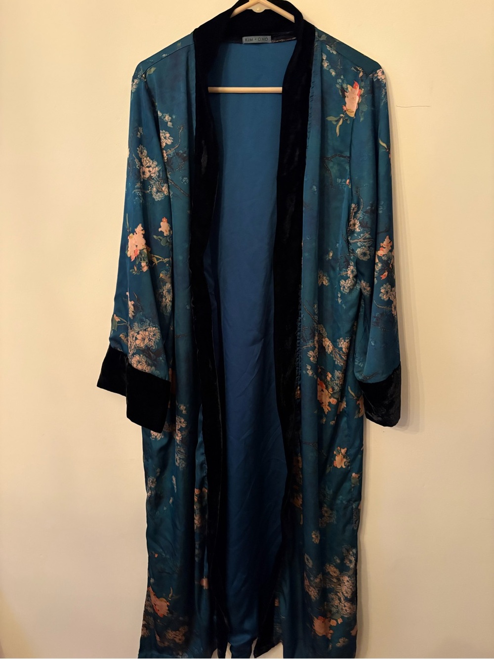 Kim + Ono Haruka long kimono wrap in teal floral